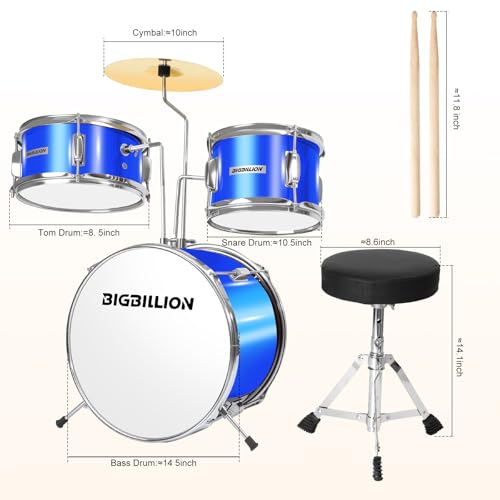 Drum Set for Kids, 3-Piece 14'' Beginner Kids Drum Kit Junior Drum Set with Bass Tom Snare Drum with Adjustable Throne, Cymbal, Pedal