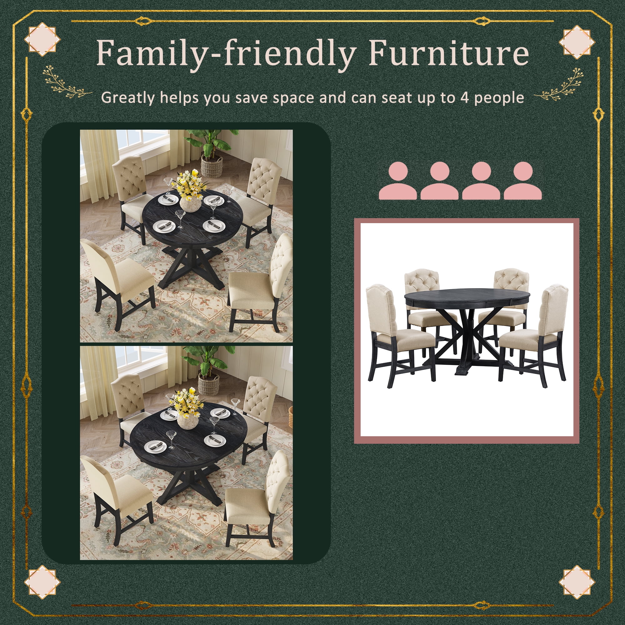 Prehome Functional Furniture Retro Style Dining Table Set with Extendable Table and 4 Upholstered Chairs for Dining Room and Living Room(Espresso)