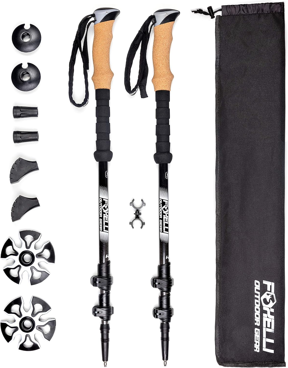 Foxelli Carbon Fiber Trekking Poles &ndash; Collapsible, Lightweight, Shock-Absorbent, Hiking, Walking & Running Sticks with Natural Cork Grips