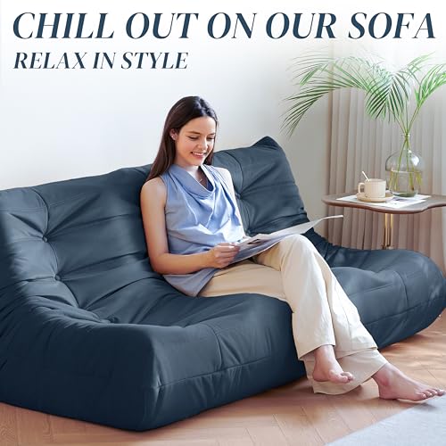 Bean Bag Chair for Adults - Suede & Microfiber Fireside Floor Chair, Comfortable Corner Lounge Sofa for Living Room, Bedroom, Office (3-Seater, Beige)