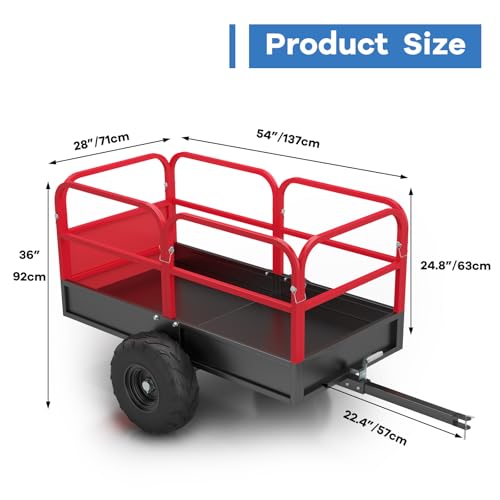Heavy Duty ATV Trailer Dump Car, Utility Steel Yard Trailer, 1700-Pound Capacity Garden Dump Carts, Hand Pull or Foot Pedal Dump Cart for ATV, UTV