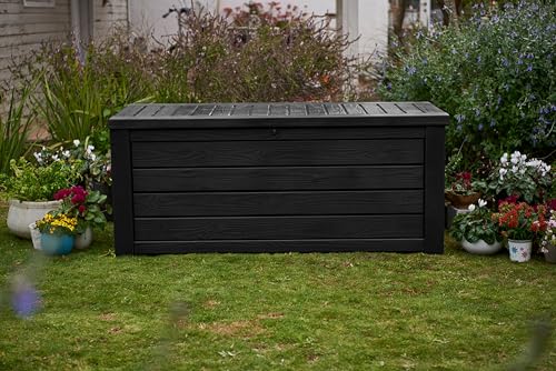 Keter Outdoor Storage Deck Box, 150 Gallon Resin Patio Bin & Bench, Wood Grain, Brown