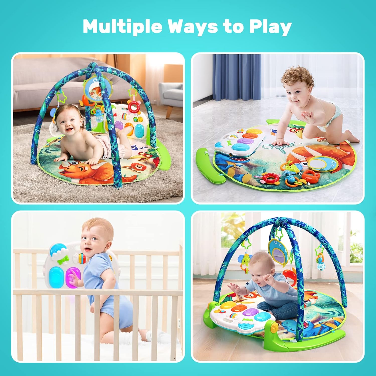 HOLYFUN Baby Gym Play Mat, Kick and Play Piano Gym with 5 Sensory Teether Toys, Multifunctional Tummy Time Round Playmats