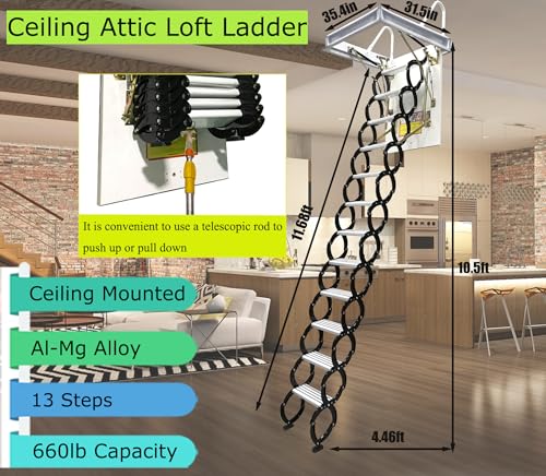 TECHTONGDA Attic Ladder 13 Steps Attic Stairs Pull Down Attic Loft Stair Telescoping Attic Access Ladder Ceiling Mounted Folding Ladder Attic Steps