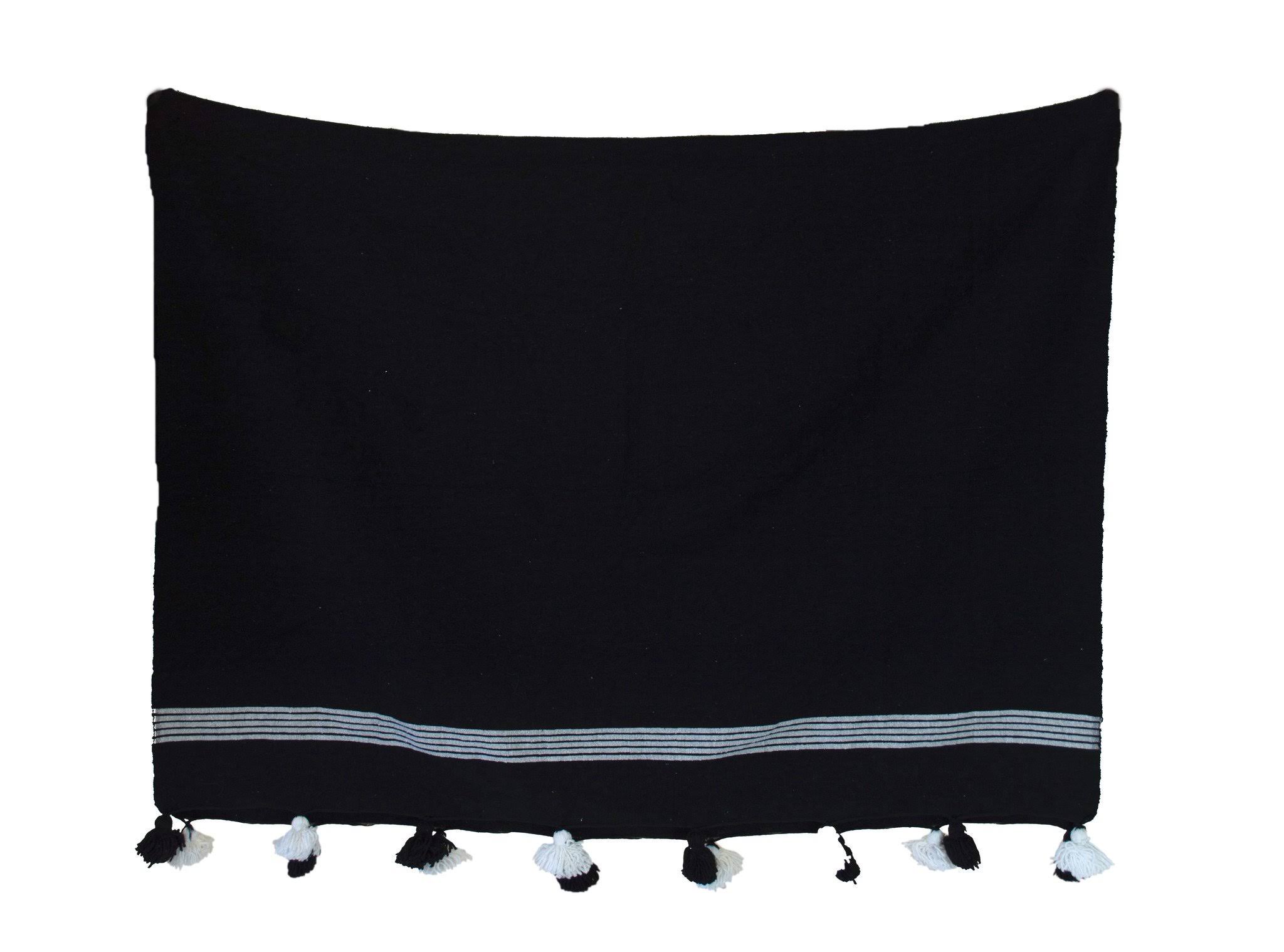 Casablanca Market Bl007 Moroccan Pom Blanket, White Stripes on Black