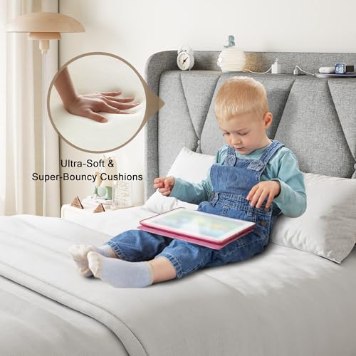 Queen Bed Frame with 4 Storage Drawers and Charging Station, Upholstered Platform Bed Frame with Storage Headboard, No Box Spring Needed