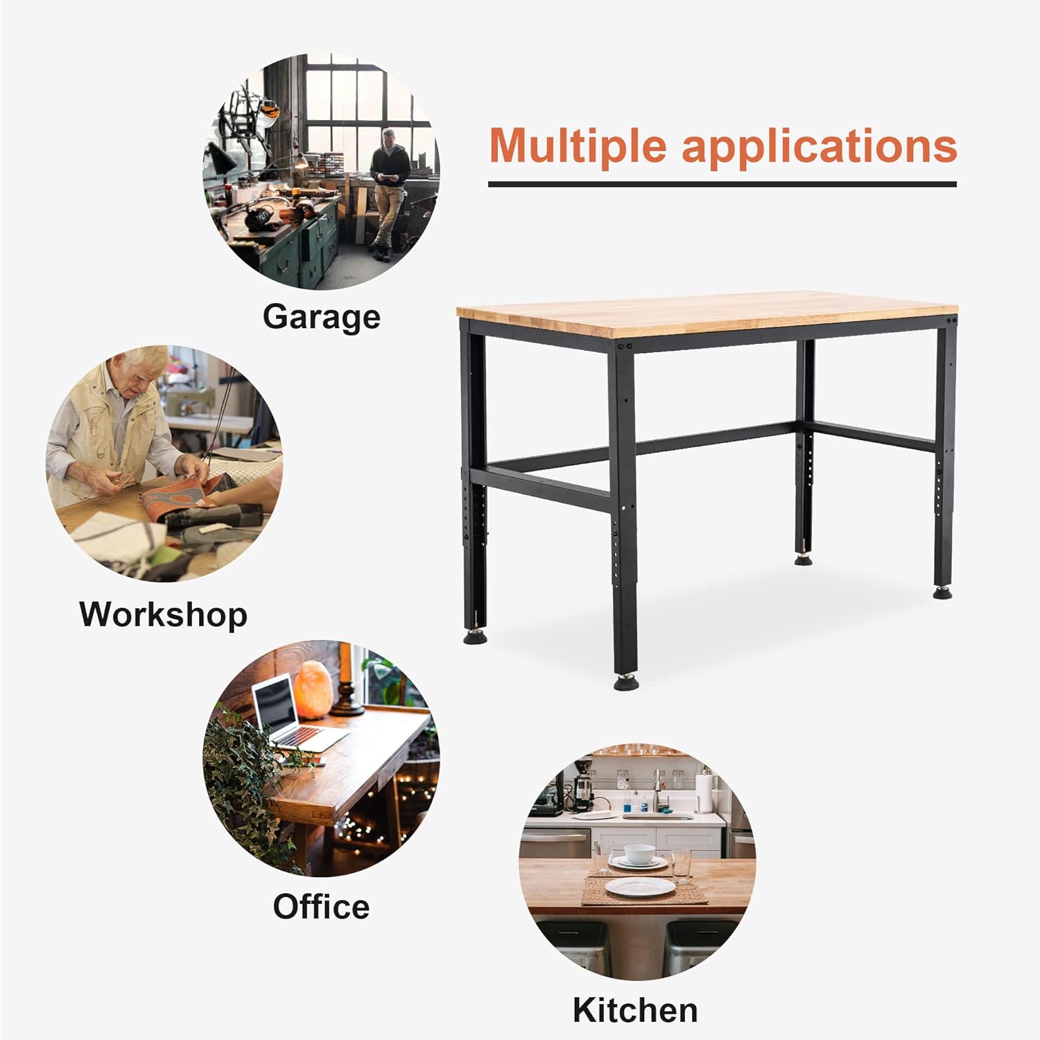 Mcombo Garage Workbench with Solid Acacia Wood Tabletop, Overall Steel Frame Worktable for Garage, Workstation for Workshop and Home Improvement WD48