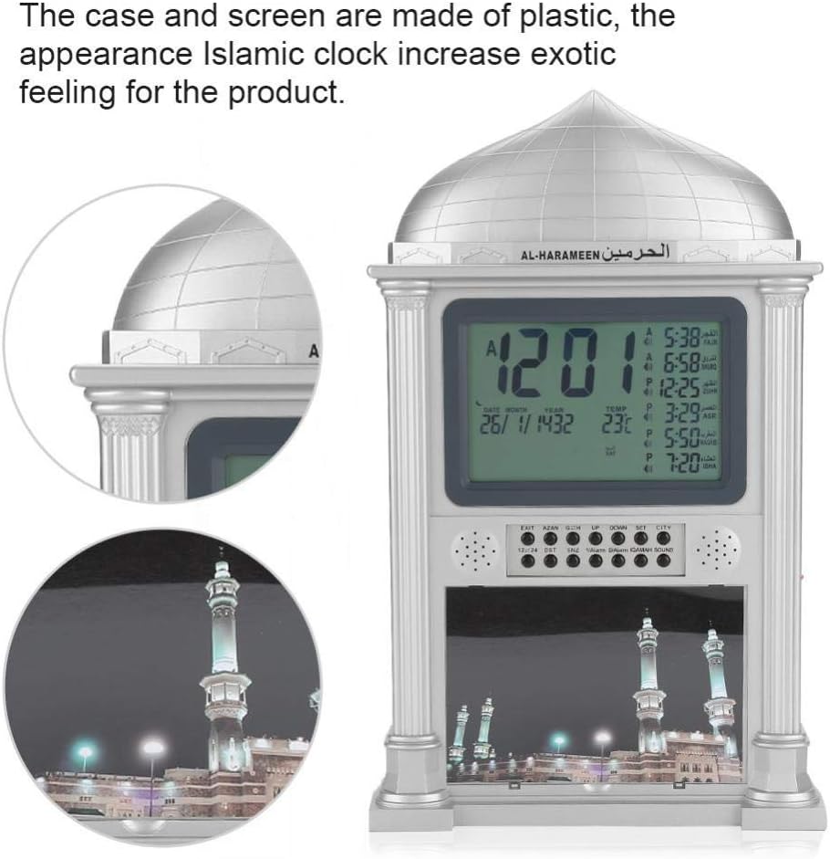 Premium Islamic Azan Alarm Clock,Plastic Automatic Muslim Azan Prayer Digital Calendar Time Display Alarm Wall Clock(Gray)