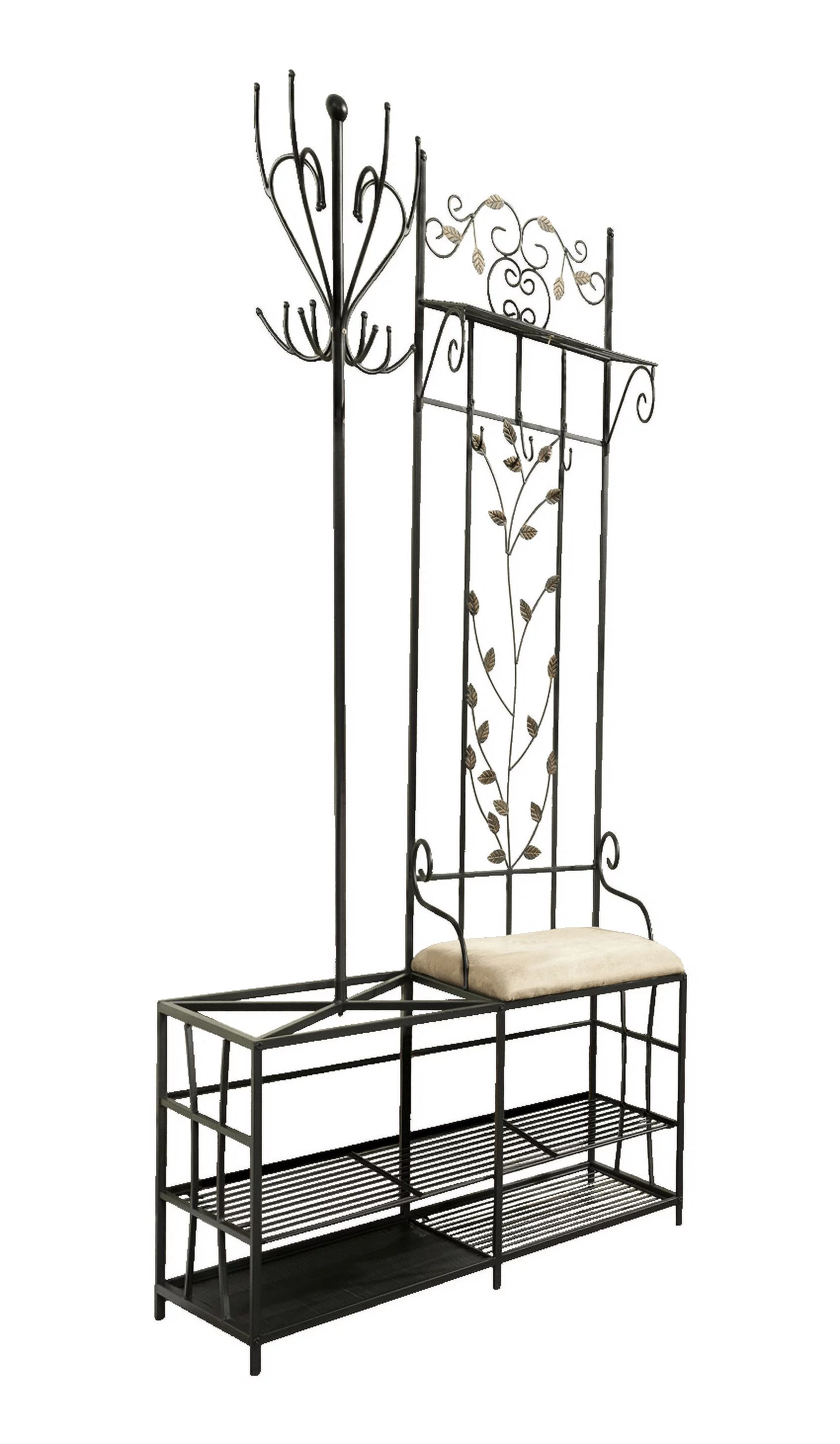 Baylen Black Metal Entryway Coat & Hat Rack, Bench & Umbrella Stand, 12 Hooks