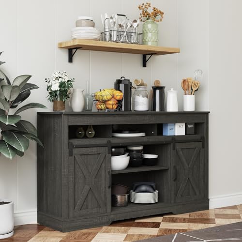 Farmhouse TV Stand for 65+ Inch TV, 34'' Tall Entertainment Center with Sliding Barn Doors