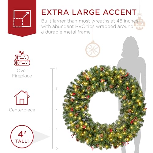 Best Choice Products 60in Large Artificial Pre-Lit Fir Christmas Wreath Holiday Accent Decoration w/ 300 LED Lights, 930 PVC Tips