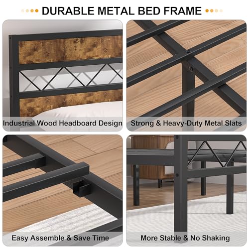 VECELO Queen Metal Platform Bed Frame with Rustic Vintage Wooden Headboard, Heavy Duty 14 Metal Slats Support