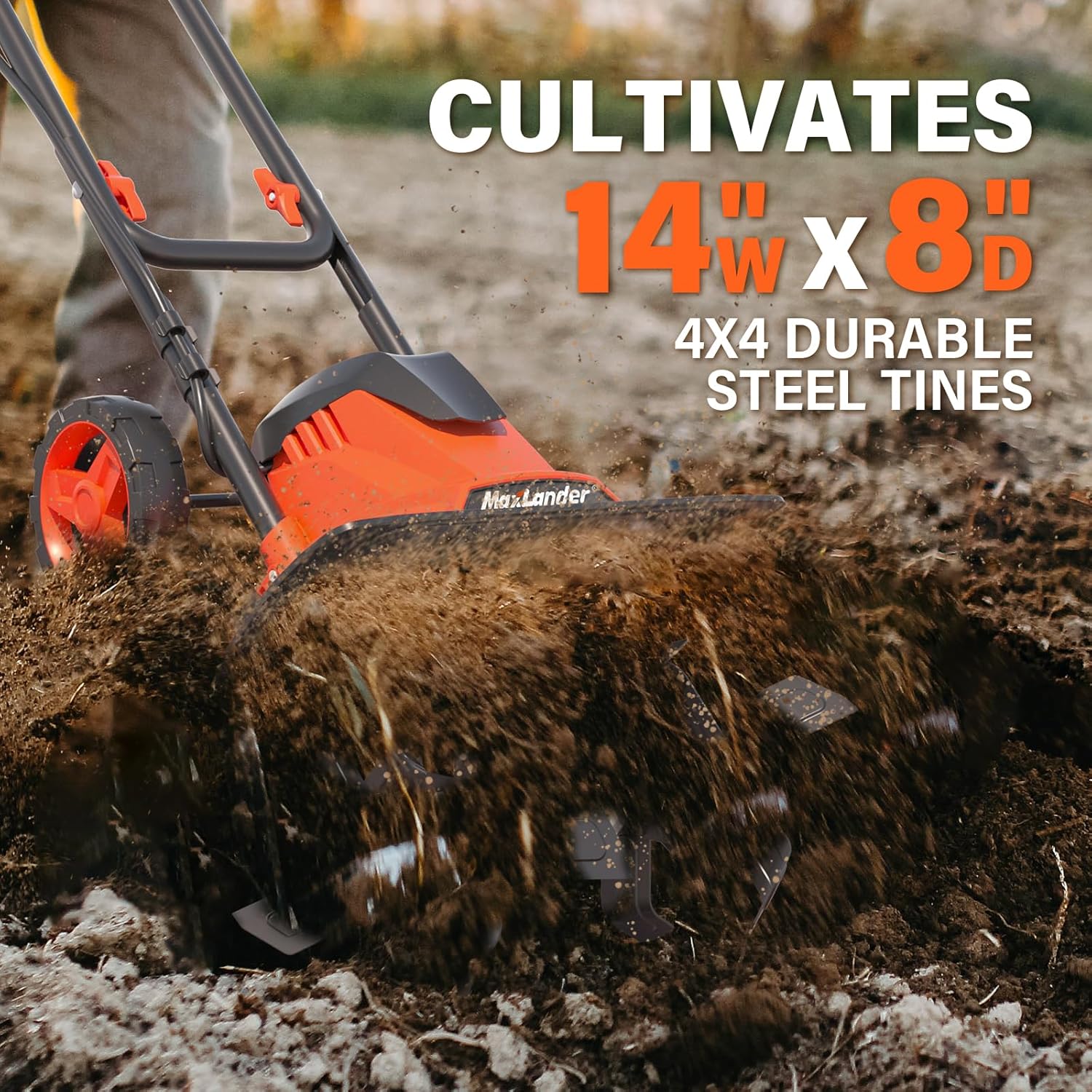MAXLANDER Electric Tiller Cultivator,14 Inch 12 Amp Corded Tiller for Gardening with Foldable Handle,4 Steel Tines