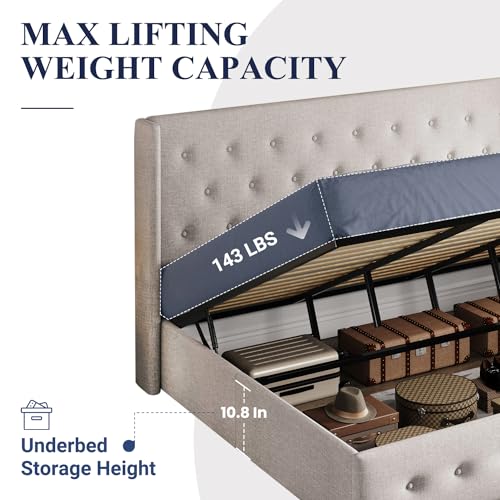 Allewie Full Size Lift Up Storage Bed, Modern Wingback Headboard, Hydraulic Support, No Box Spring Needed, Light Beige