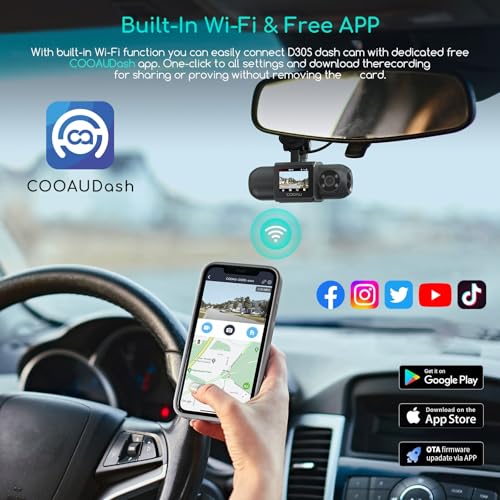 COOAU D30S 4K Dash Cam with GPS Wi-Fi, Front and Inside Dual 2.5K 1080P, Uber Car Camera with Infrared Night Vision, Supercapacitor, 4 IR LEDs