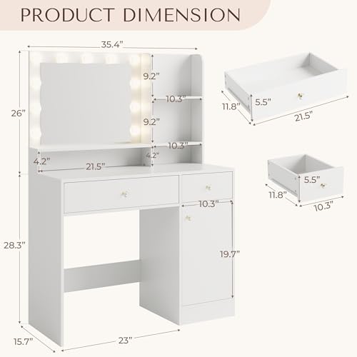 Vanity Desk with Mirror and Lights, Diamond Edition Vanity Desk, Makeup Vanity Table with 3 Drawers & 5 Open Shelves