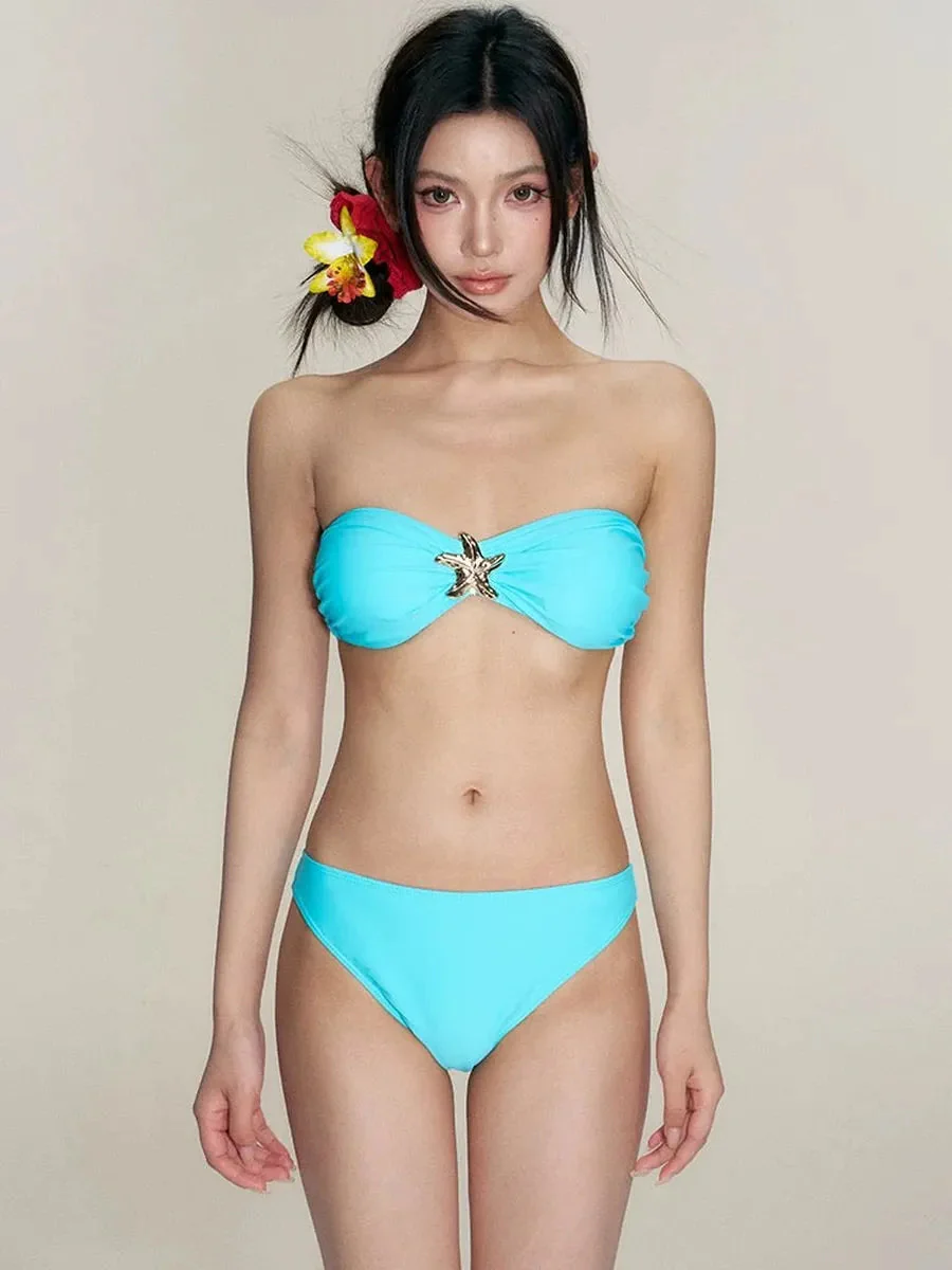'Jasmine' Y2k Beach Style Starfish Mint Blue Midi Swim Suit Set