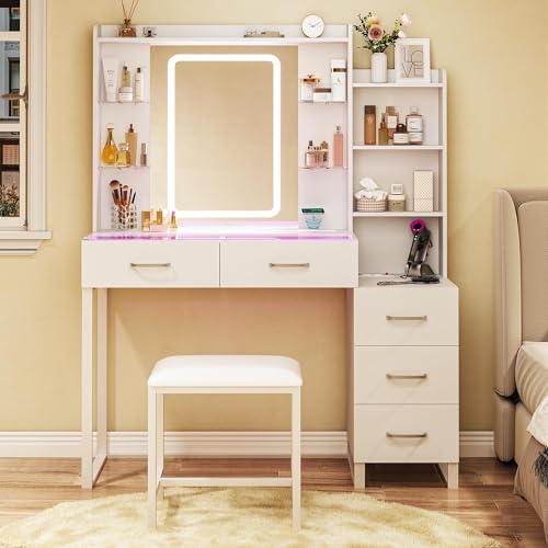Vanity Desk with Mirror and LED Lights, 43" Makeup Vanity with Glass Top & Wireless Charging, Vanity with RGB Drawers, 3 Colors Light