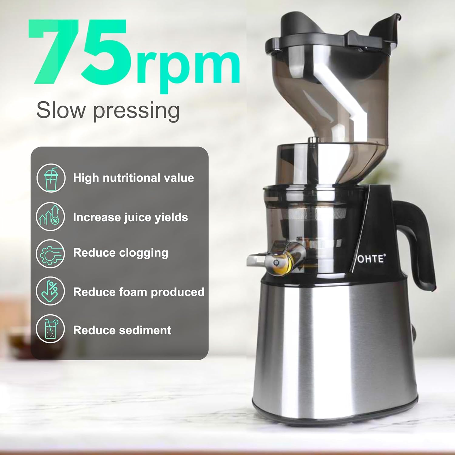 Cold Press Masticating Juicer Machines: 300W Easy to Clean Stainless Steel 5.1"" Large Feed Chute Slow Masticating Juicer Machines