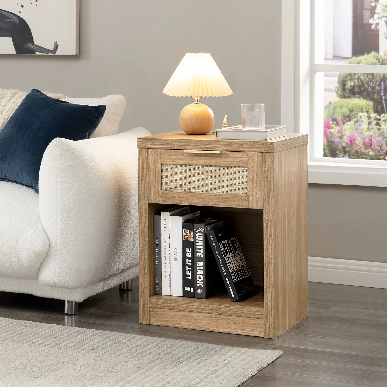 OAKHAM Rattan Nightstands Set of 2 with Charging Station, Boho Bedside Table with Drawers, End Table for Living Room, Bedroom, Weathered Oak