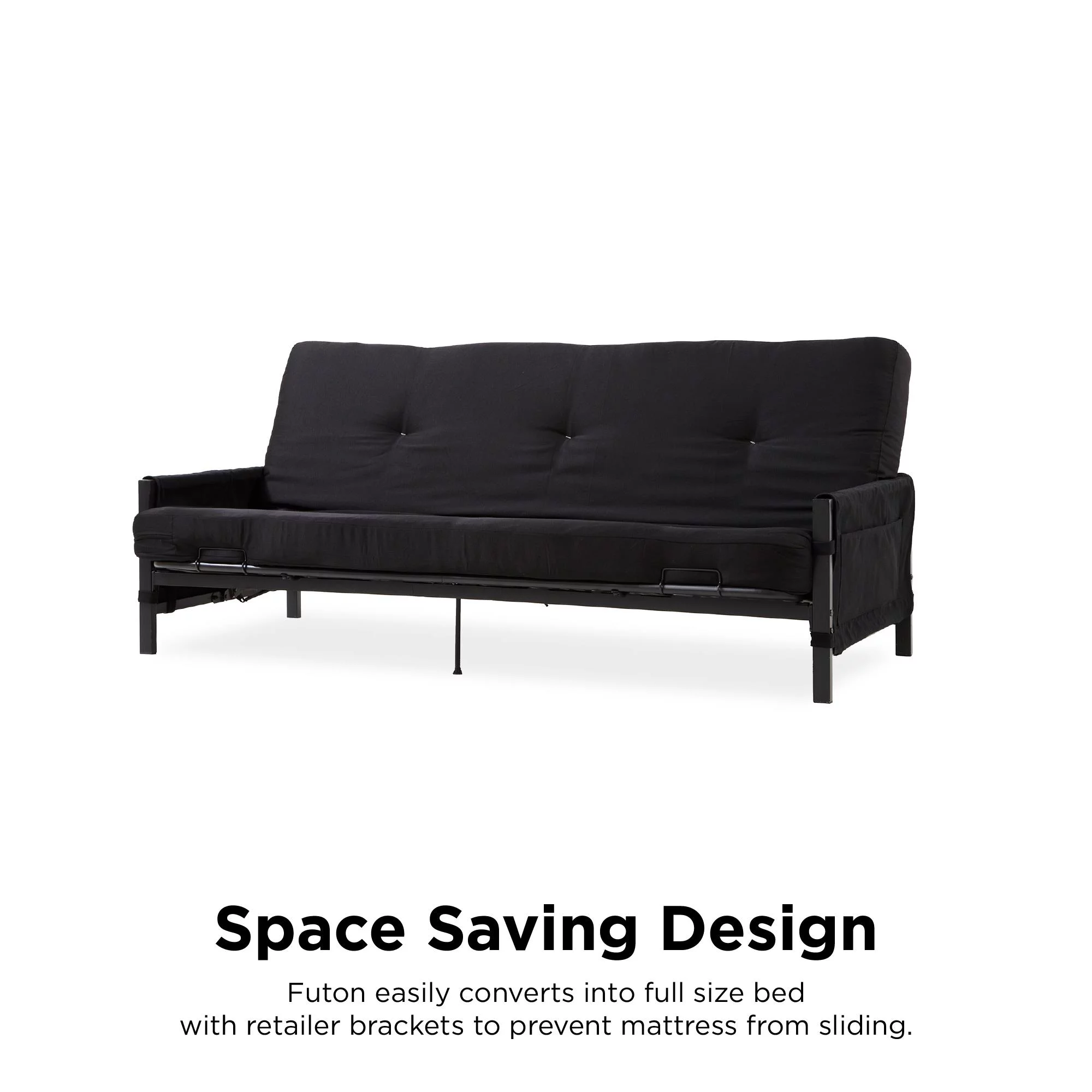 DHP Fairview Futon Set with Black Metal Frame, 6" Mattress and Storage Pockets, Black