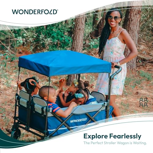 WONDERFOLD X4 Push & Pull Stroller Wagon (4 Seater) - Collapsible Wagon Stroller with Seats with 5-Point Harnesses, Adjustable Push Handle