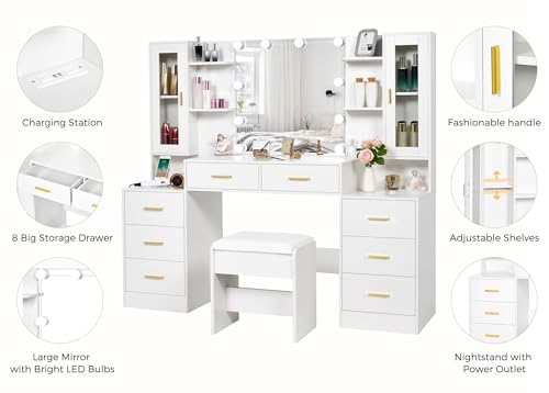 ANWBROAD 59.1" Large Vanity Desk Table with Mirror & Lights White Makeup Vanity with Power Outlet and 8 Drawers 3 Lighting Modes Adjustable Vanity