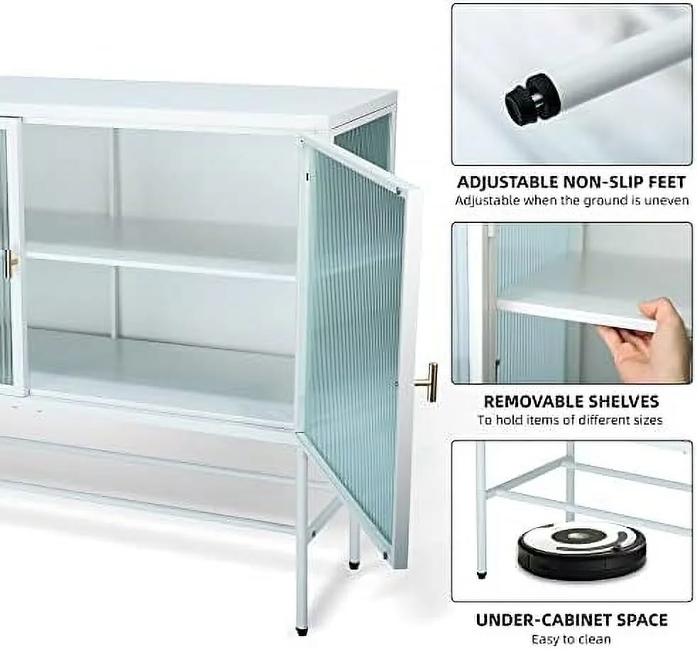 TJUNBOLIFE Retro Style Fluted Glass  Cabinet Corner Cabinet Sideboard Dual Doors Three Detachable Wide Shelves Enclosed Dust-Free  for Living Room
