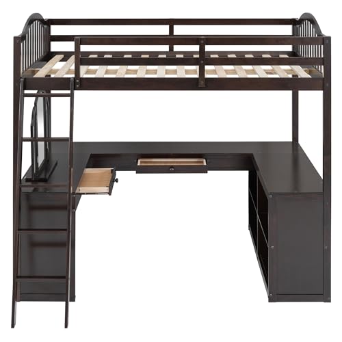 Harper & Bright Designs Full Size Loft Bed with Desk, Storage Shelves and Drawers, Solid Wood Loft Bed Frame with Built-in Wardrobe, Walnut