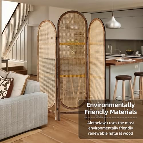 5.9 Ft Tall Hand-Woven Rattan Room Divider 3 Panels, Wood Room Divider Panel, Folding Screen Divider Wall, Wall Divider for Room Separation