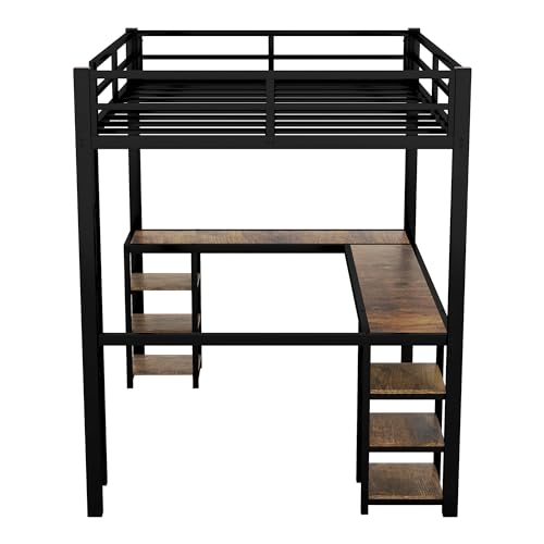 Harper & Bright Designs Full Size Loft Bed with Wardrobe and L-Shaped Desk, Metal Loft Bed with Storage Cubes, Cabinet, Shelves for Kids Teens, White