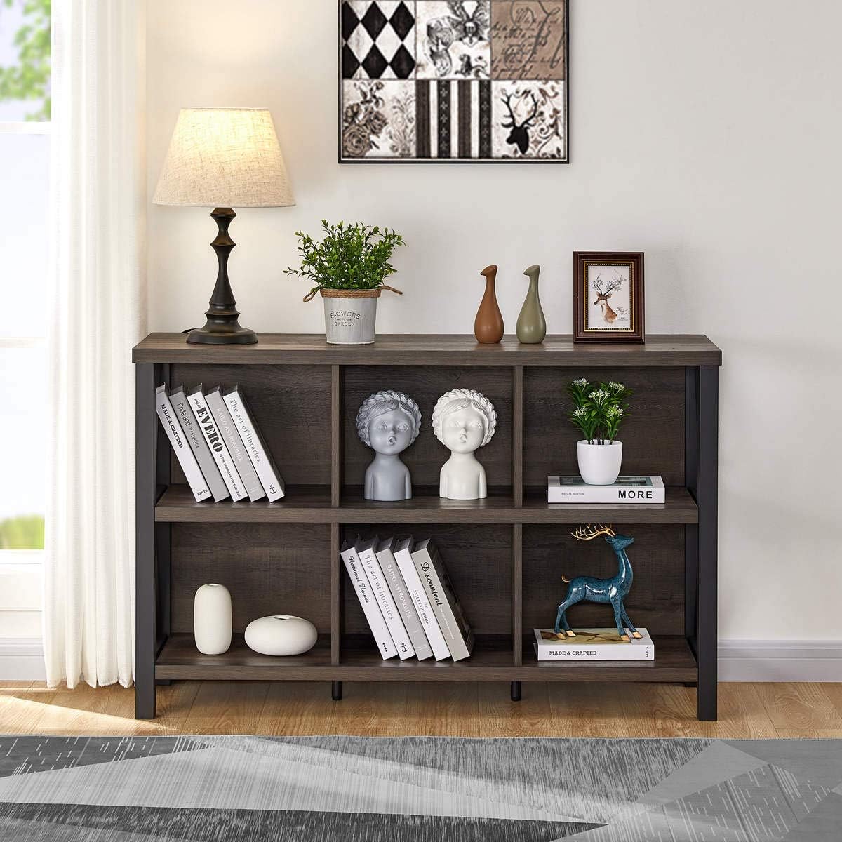 FATORRI Rustic 6 Cube Storage Organizer with Shelf, Wood and Metal Cubby Bookcase, Industrial Horizontal Bookshelf (Walnut Brown, 47 Inch)