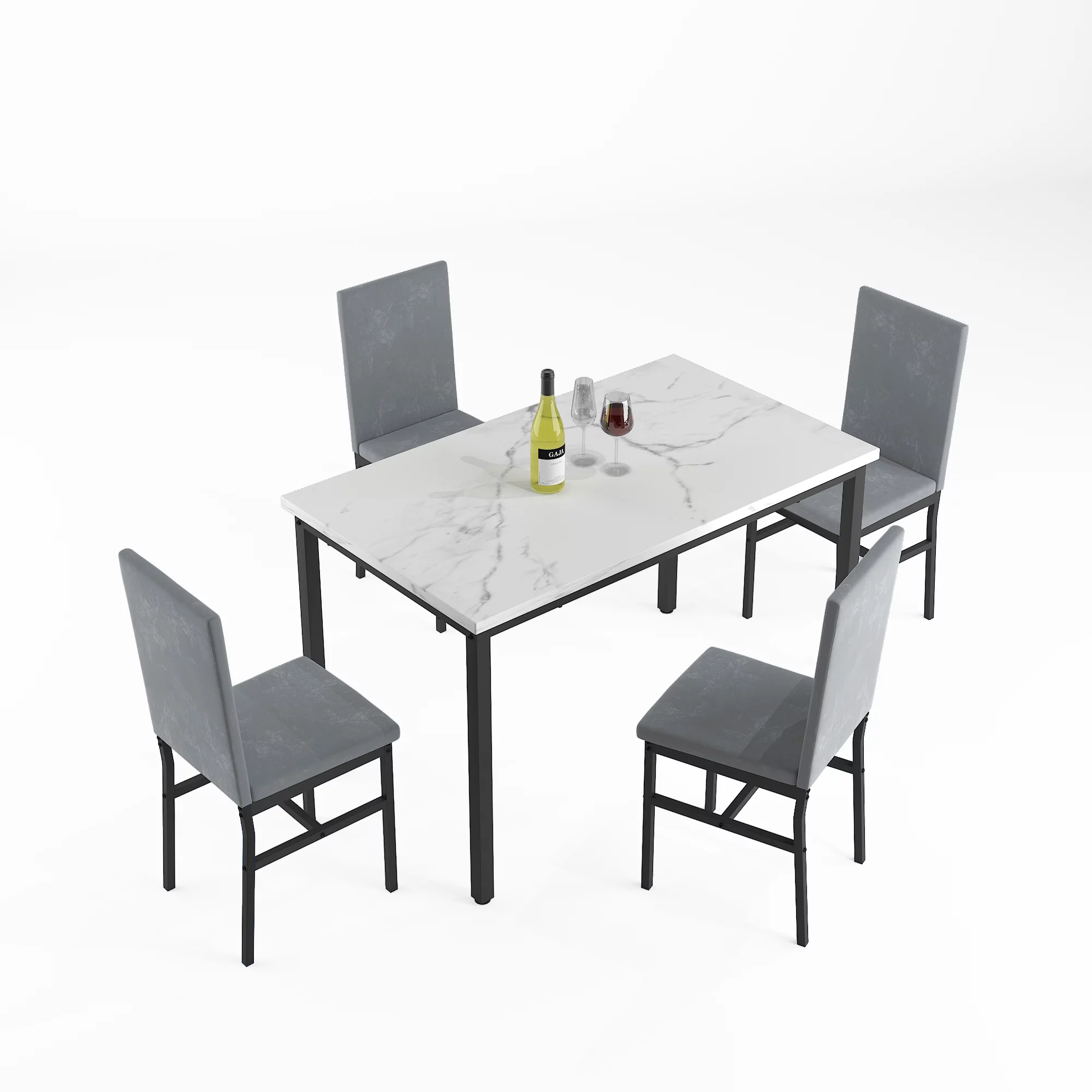 Modern Dining Set for 4, 5-Piece Dining Table and Chairs Set, 1 Table with White Marble Top, 4 Gray Velvet Chairs for Kitchen Dining Room Living Room