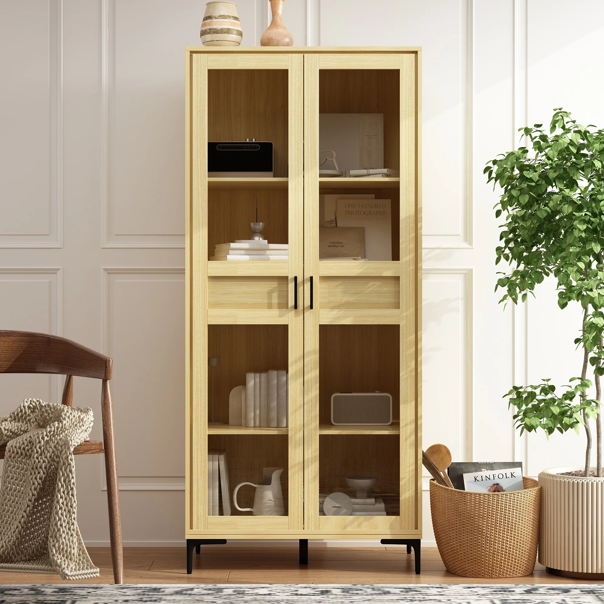 Glass Door Curio Cabinet - Light Wood Finish Home Storage Bookshelf - 31.5"x70.9"