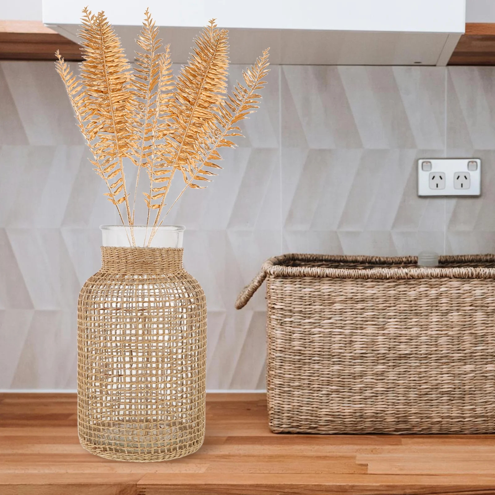 Woven Rattan Vase Glass Vase Flower Pot Vase Table Centerpiece Glass Planter