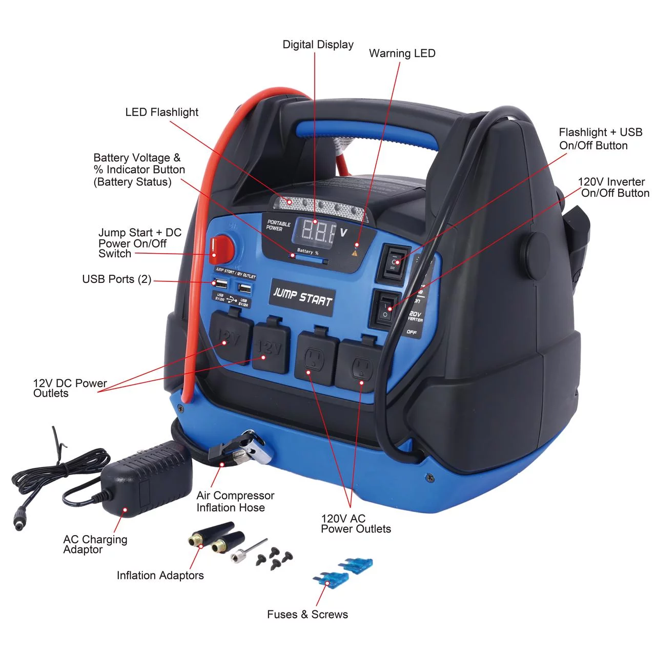 iRerts 1800 Peak Amp Jump Starter, Rechargeable Jump Starter for Gas Diesel Vehicles, Portable Power Station Powerhouse with Air Compressor