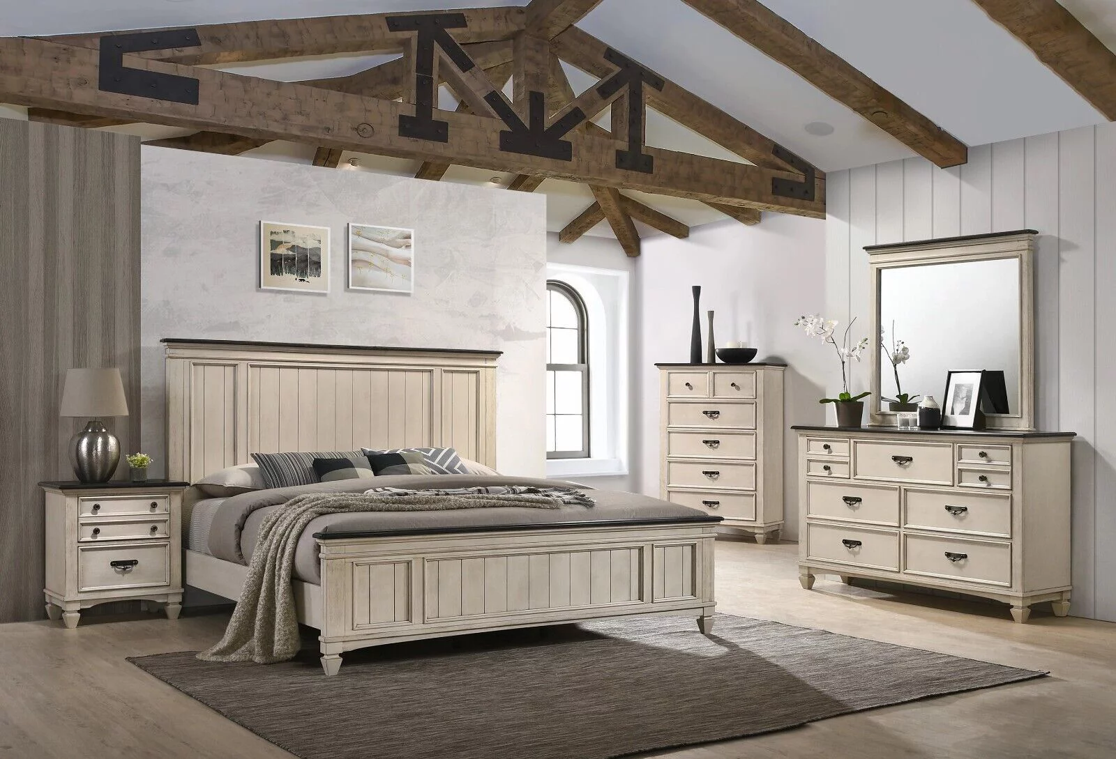 Rustic Cottage Style 3pc Queen Size Panel Headboard Bed and 2x Nightstands Set Beige Finish Wooden Bedroom Furniture