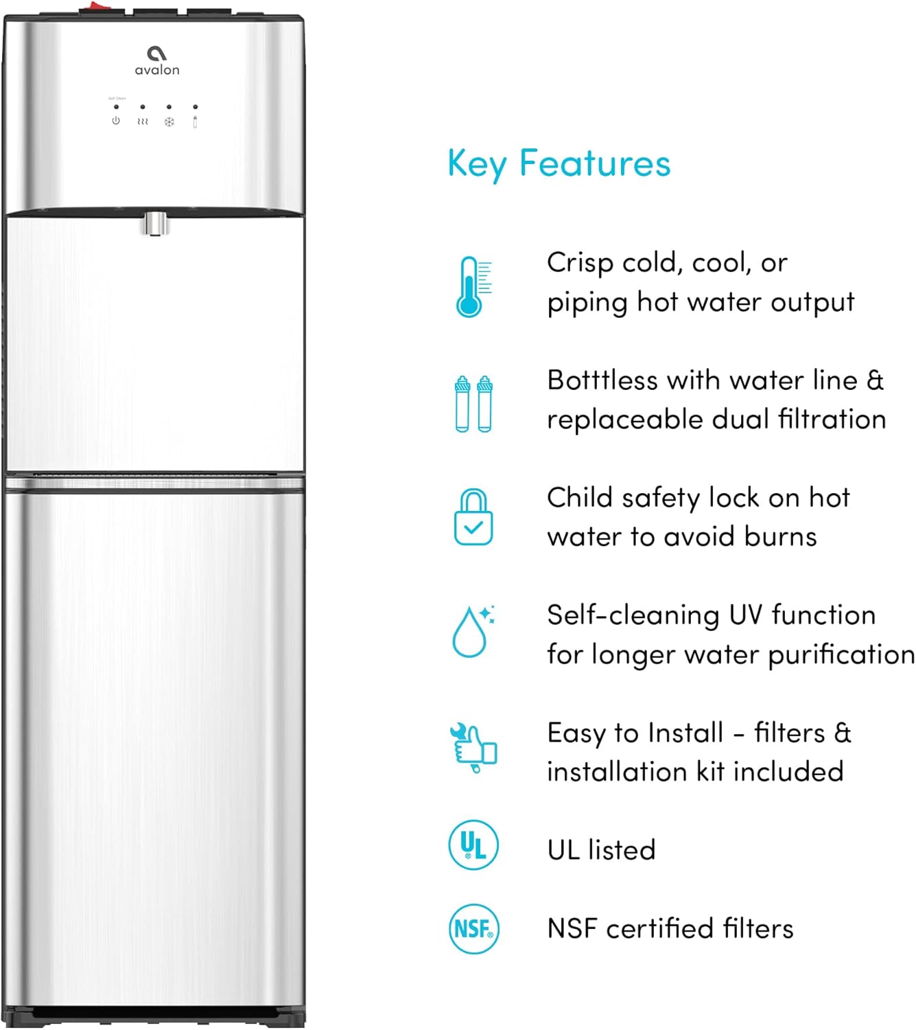 Avalon Self Cleaning Bottleless Water Cooler Water Dispenser Corporate Package - 3 Temperature Settings - Durable Stainless Steel Cabinet