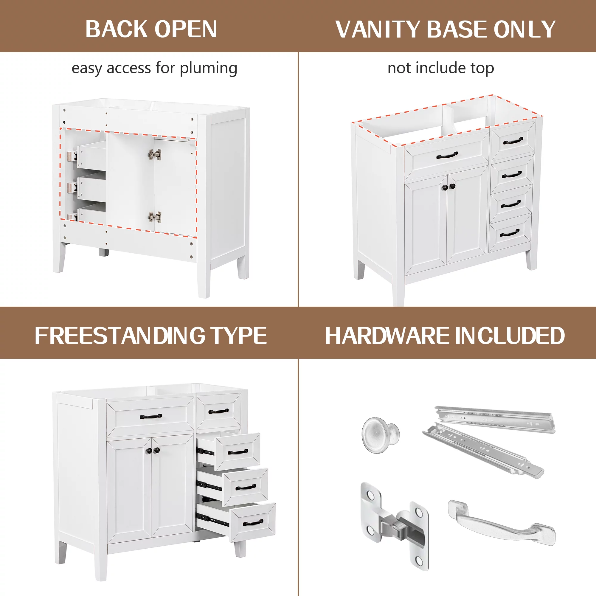 Royard Oaktree 36" Single Bathroom Vanity Modern Under Sink Storage Vanity Base with 2 Doors & 3 Drawers Freestanding Bathroom Storage Cabinet for