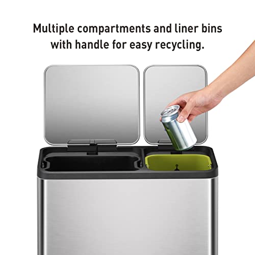 EKO EcoCasa II 36L+24L Dual Trash Can with Recycle Bin, Stainless Steel Garbage Can with Lid, Deodorizer Compartment
