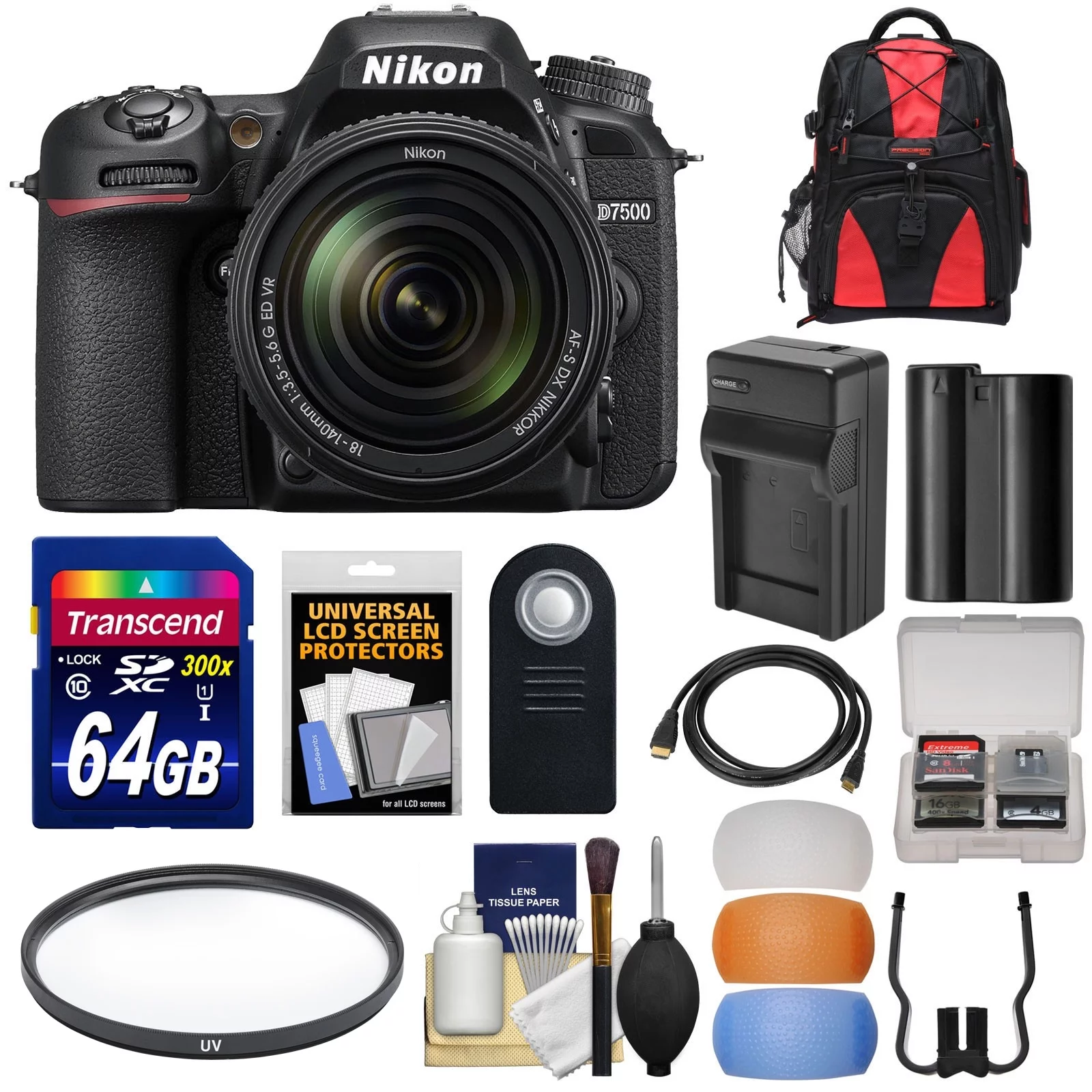 Nikon D7500 Wi-Fi 4K Digital SLR Camera & 18-140mm VR DX Lens with 64GB Card + Battery & Charger + Backpack + Filter + Kit - Curated Treasures Market