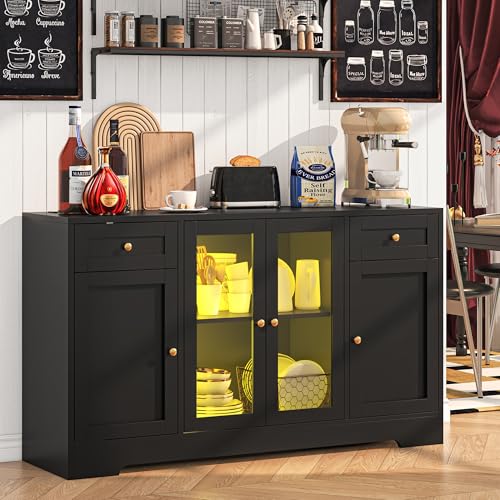 LED Coffee Bar Cabinet with Storage, 55'' Large Sideboard Buffet Cabinet, Wood Coffee Bar Buffet Table with 4 Doors and Charging Station