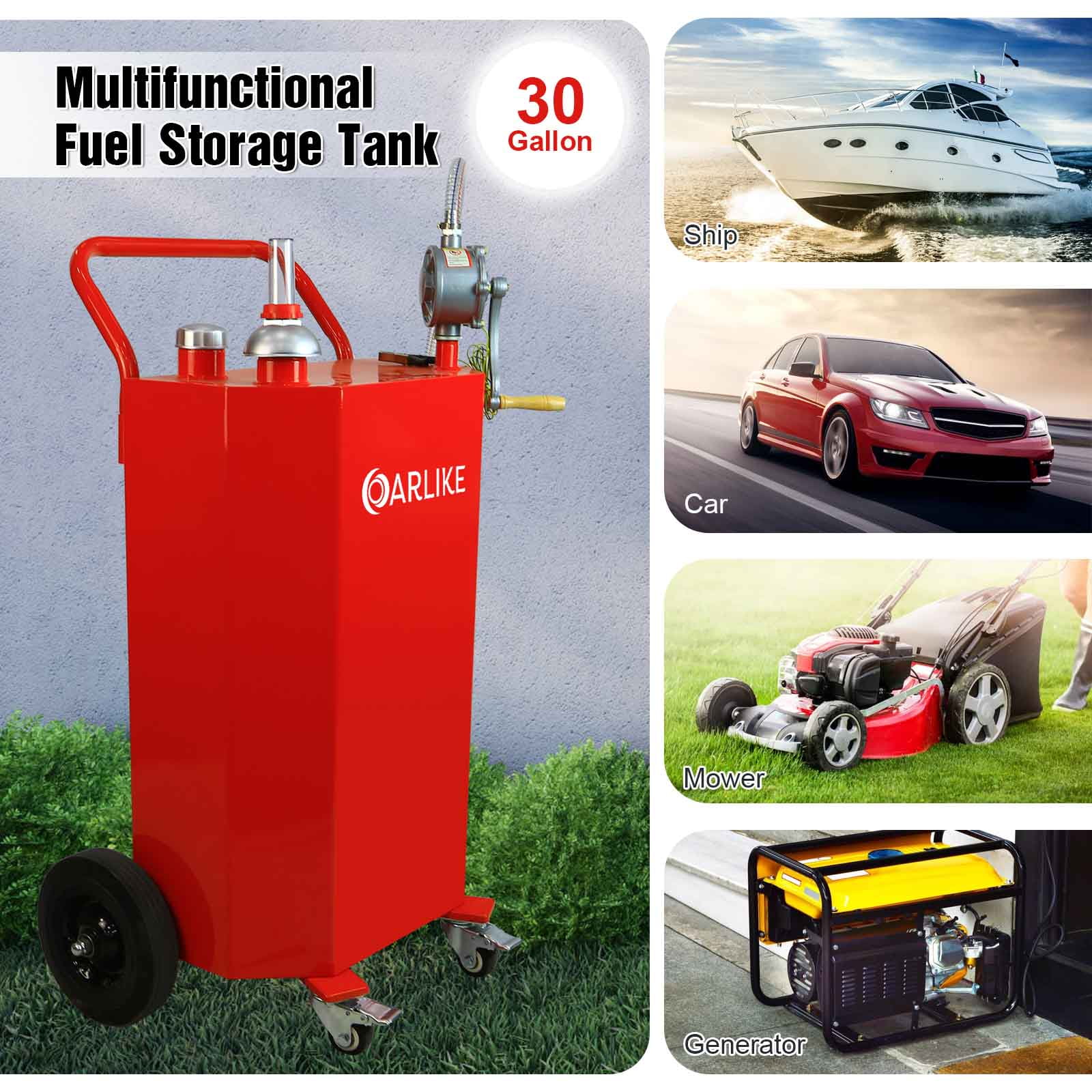 Oarlike 30 Gallon Gas Fuel Transfer Tank Portable Oil Storage Can for Propane Diesel Gasoline Kerosene with Hand Pump Gas Caddy on 4 Wheels for Boat