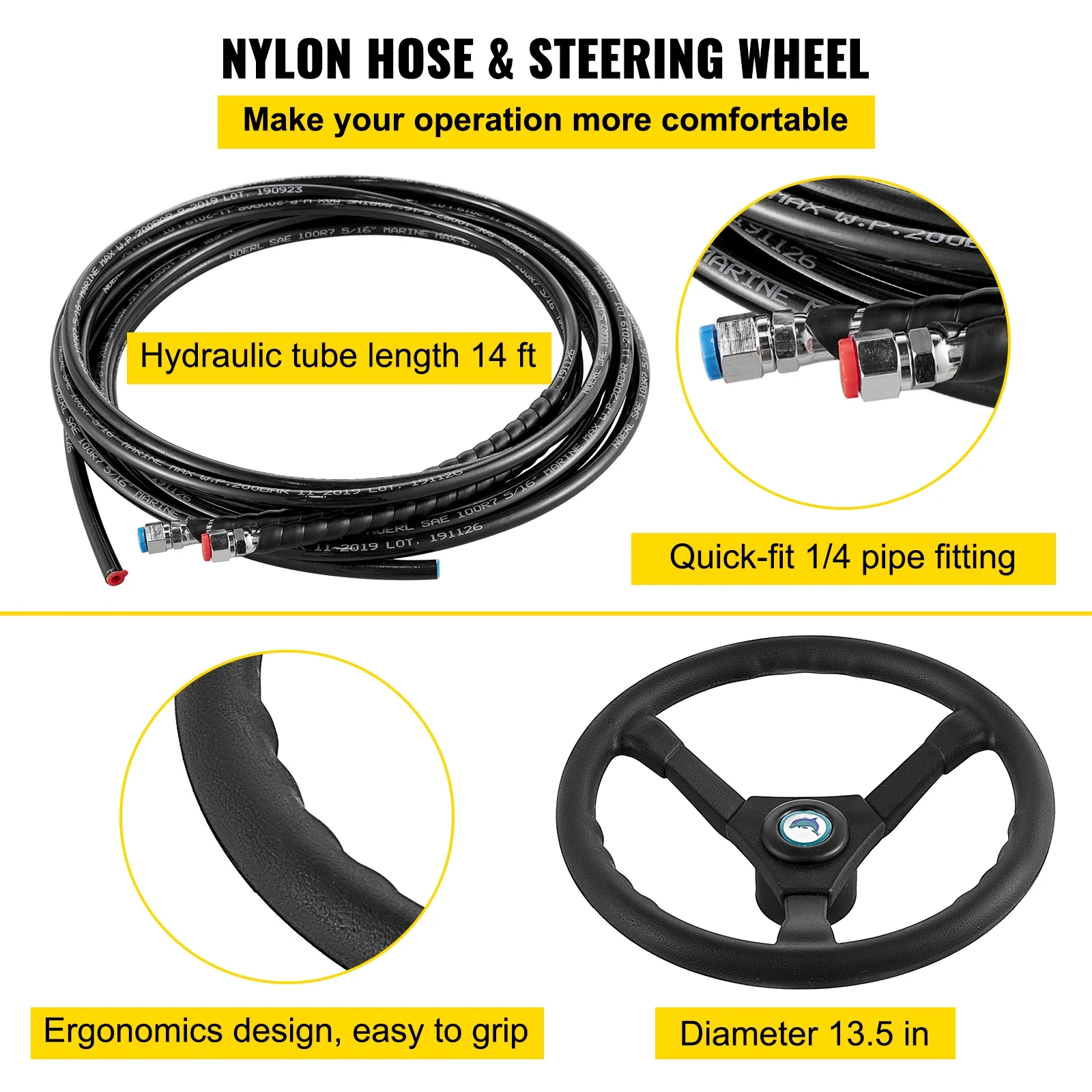 BENTISM Hydraulic Outboard Boat Steering Kit HK6400A-3 HO5114 14\' Hoses 300HP Helm Pump