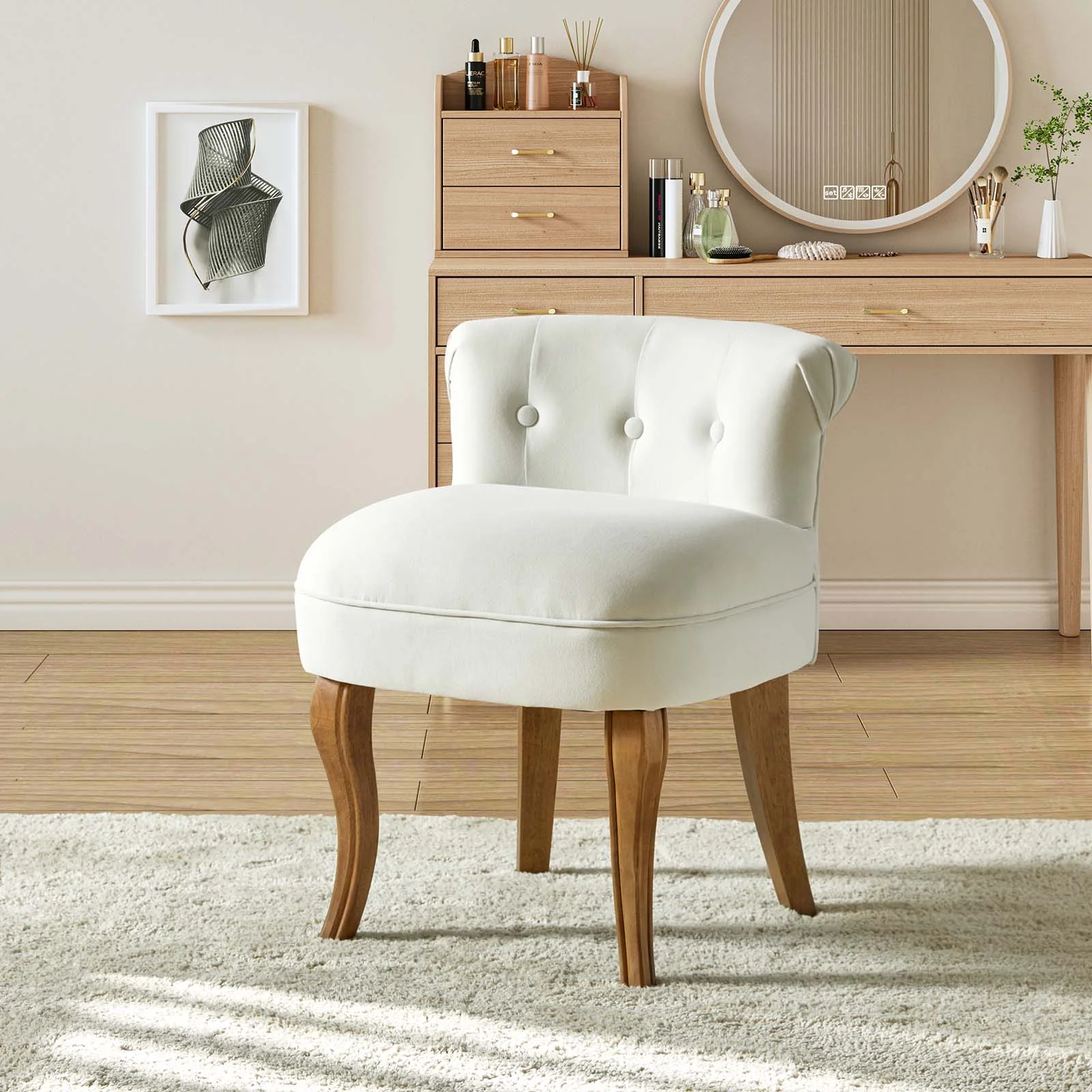 Makeup Vanity Stool Dressing Table Accent Chair Velvet Tufted Upholstered Cushioned Wood Leg Home Bedroom Living Room Ivory