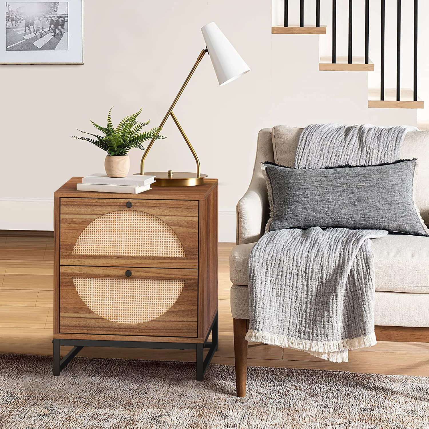 AWQM Rattan Nightstand with 2 Drawer, 2-Pieces Farmhouse End Table Small Accent Table with Storage,Wood Bedside Table Accent Cabinet for Small Space