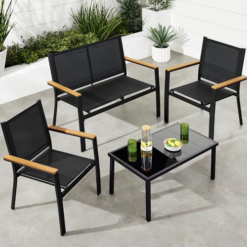 Best Choice Products 4-Piece Outdoor Textilene Patio Conversation Set, Backyard Furniture w/Loveseat, Coffee Table, Steel Frame - Taupe/Charcoal
