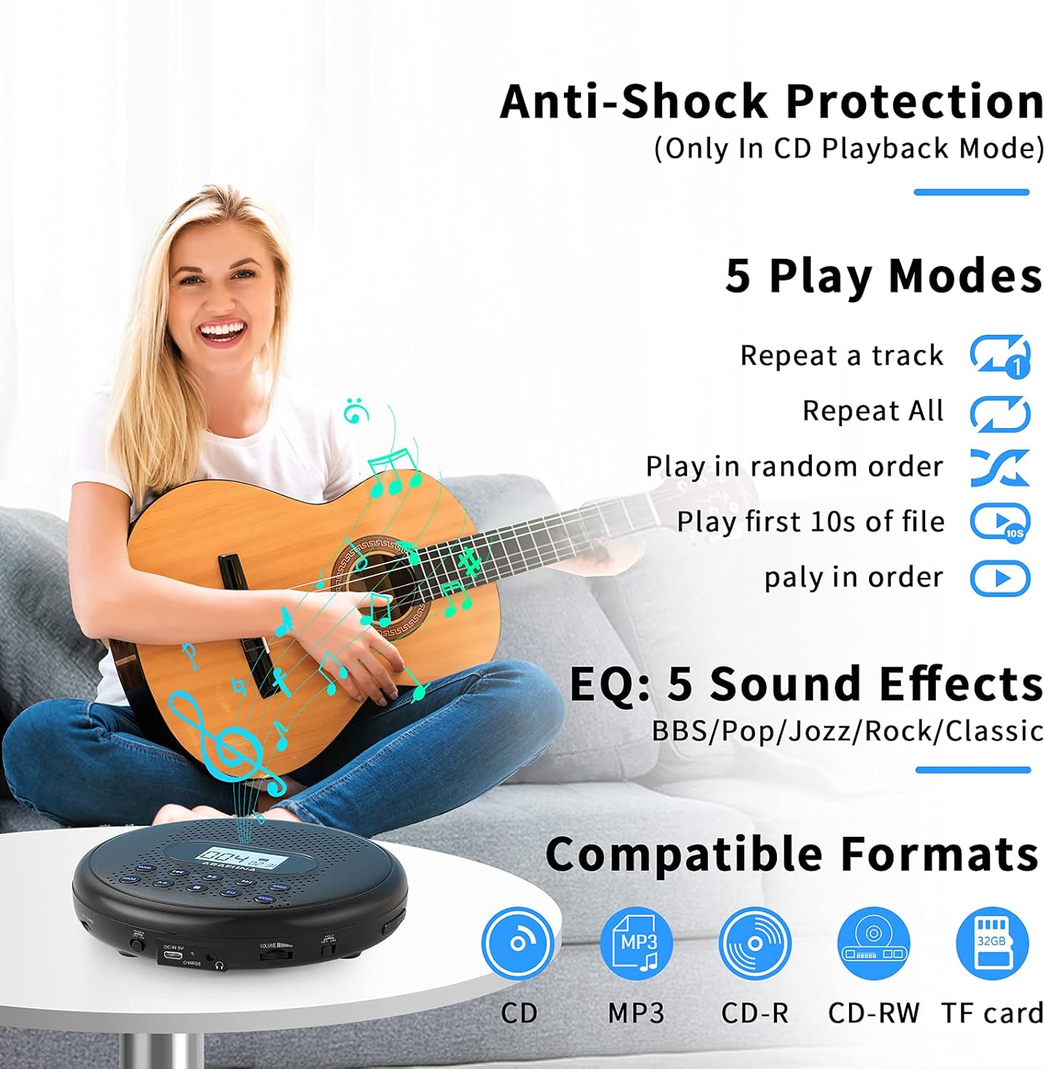 CD Player Portable, ARAFUNA Portable CD Player with Dual Stereo Speakers, Rechargeable CD Player for Car with Anti-Skip Protection