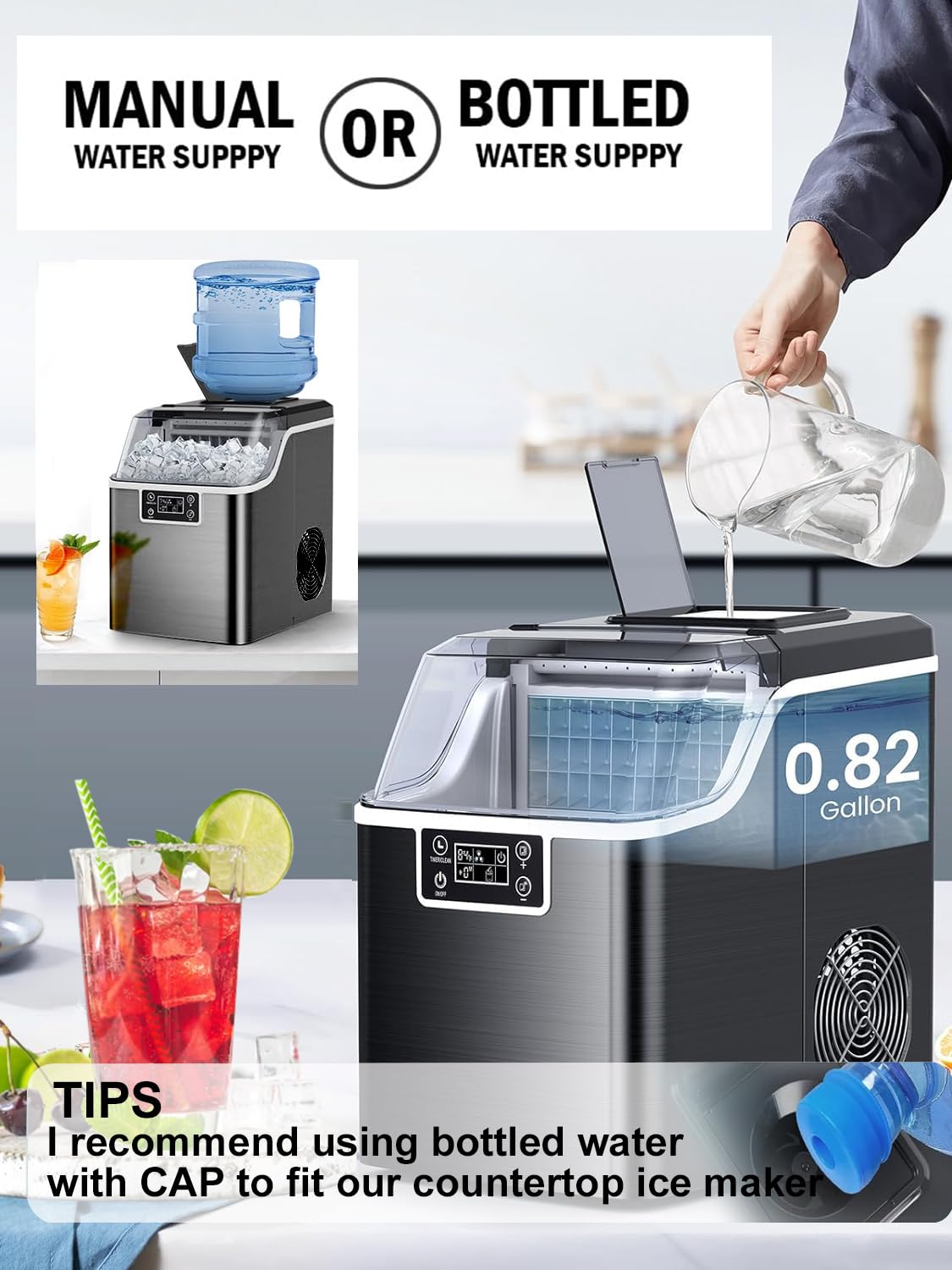 Kndko Ice Makers Countertop 45lbs,2-Ways Add Water,Ice Maker Self Cleaning,Ice Size Control,24H Timer,Party Countertop Ice Maker for Home Bar RV