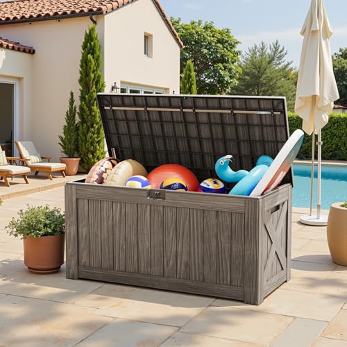 Greesum 120 Gallon Outdoor Storage Box with Lock - Large Resin Deck Box, Reinforced Lid for Garden, Patio, Lawn, Black